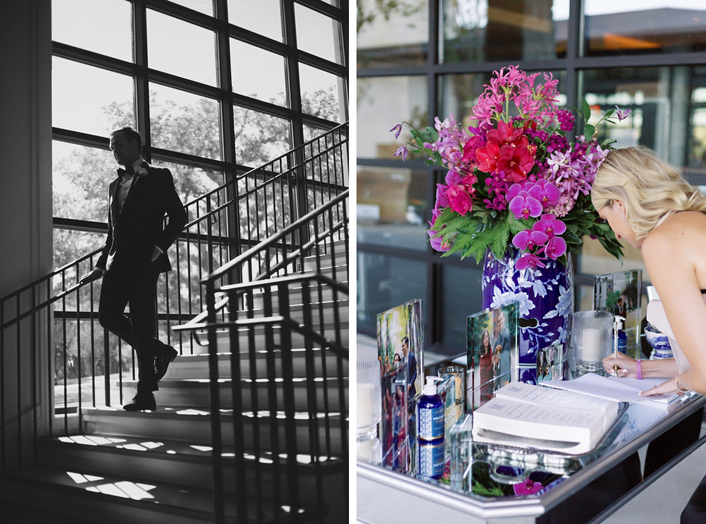 Fuchsia pink orchids and flowers with white and blue chinoiserie pottery at a wedding reception in Austin