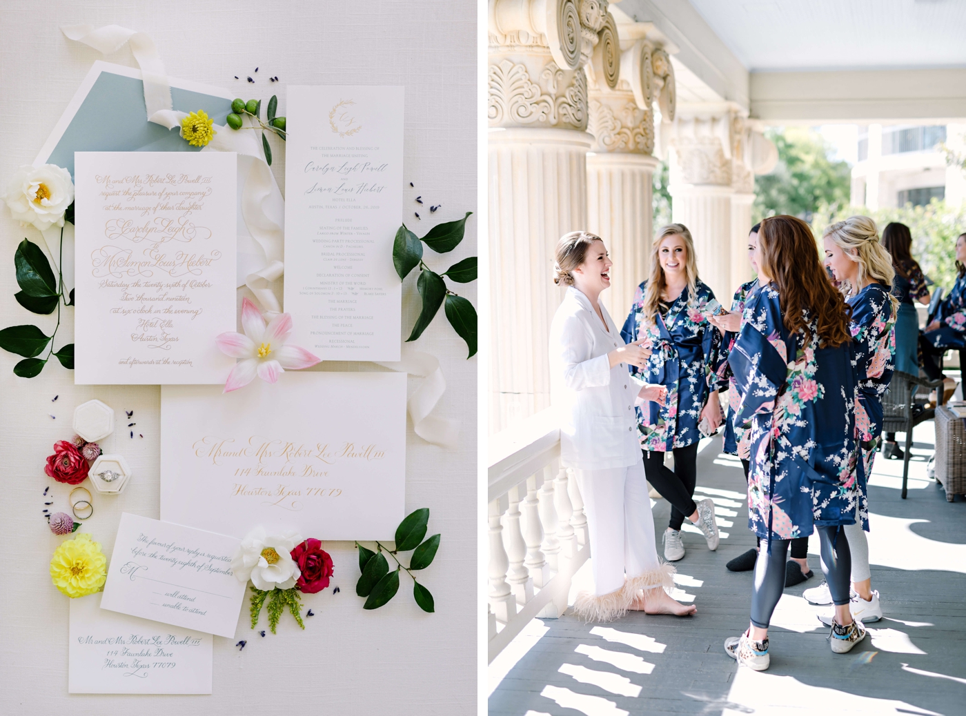 Getting ready for a wedding at Hotel Ella in Austin, with bridesmaids in floral robes 