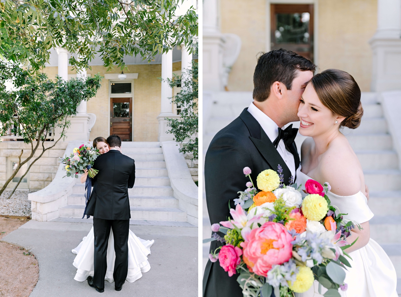 Bride and groom first look at Hotel Ella, in front of the front steps