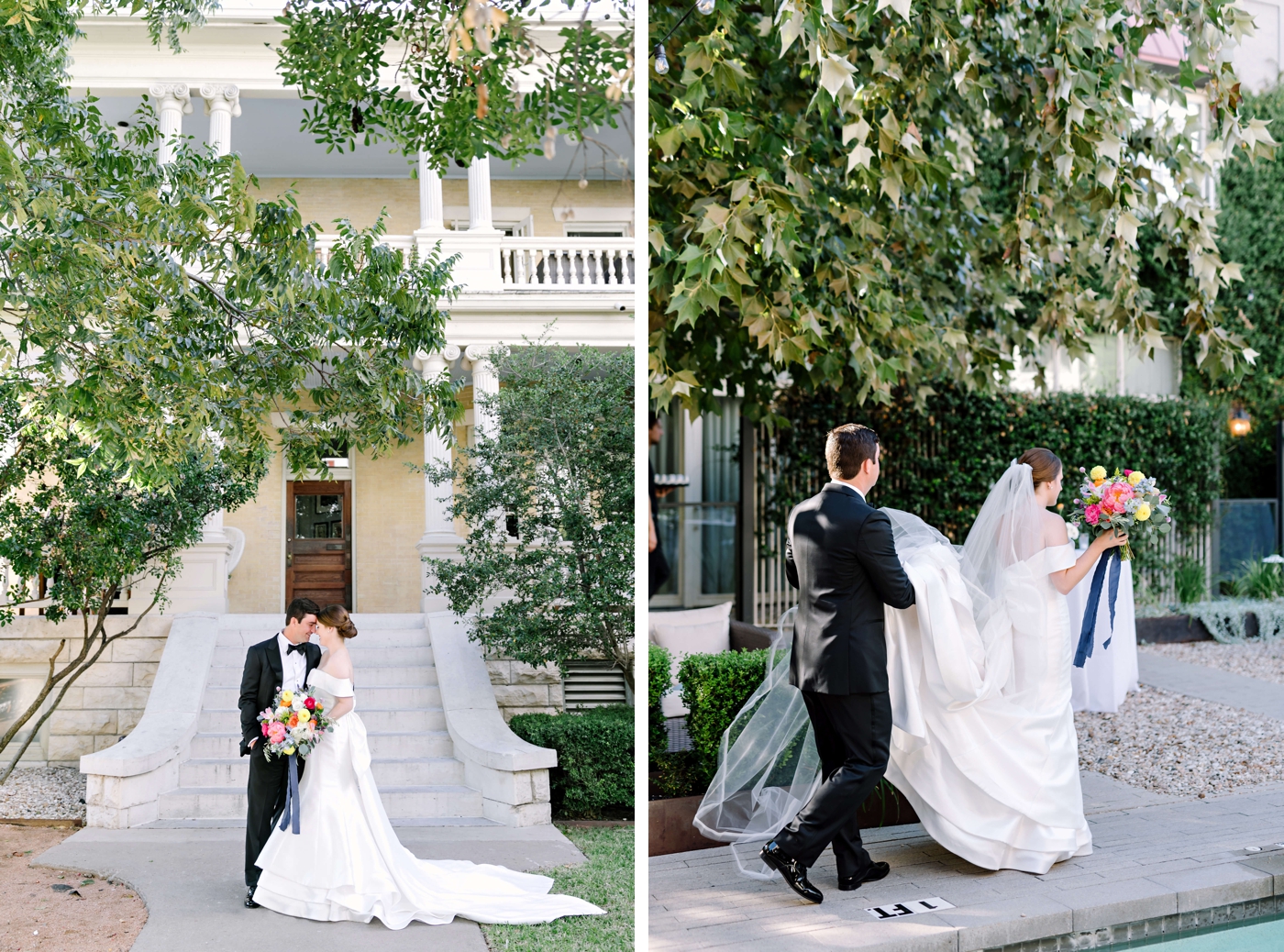 Bride and groom embracing for a portrait outside of Hotel Ella 