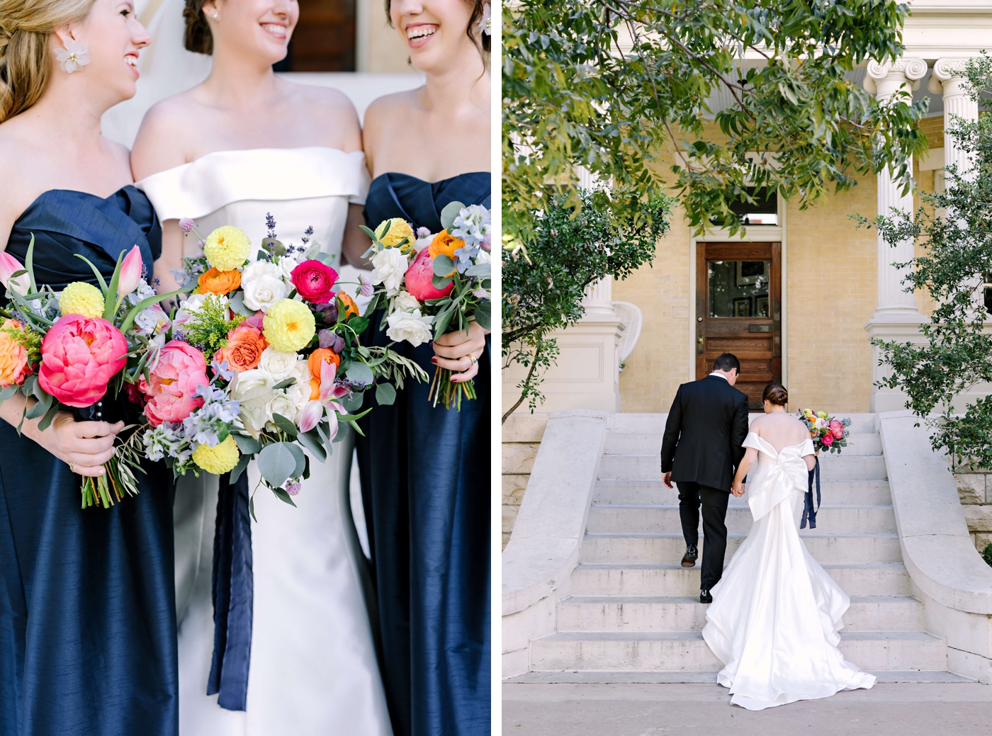 Bridesmaids in navy satin dresses and bright colorful flowers