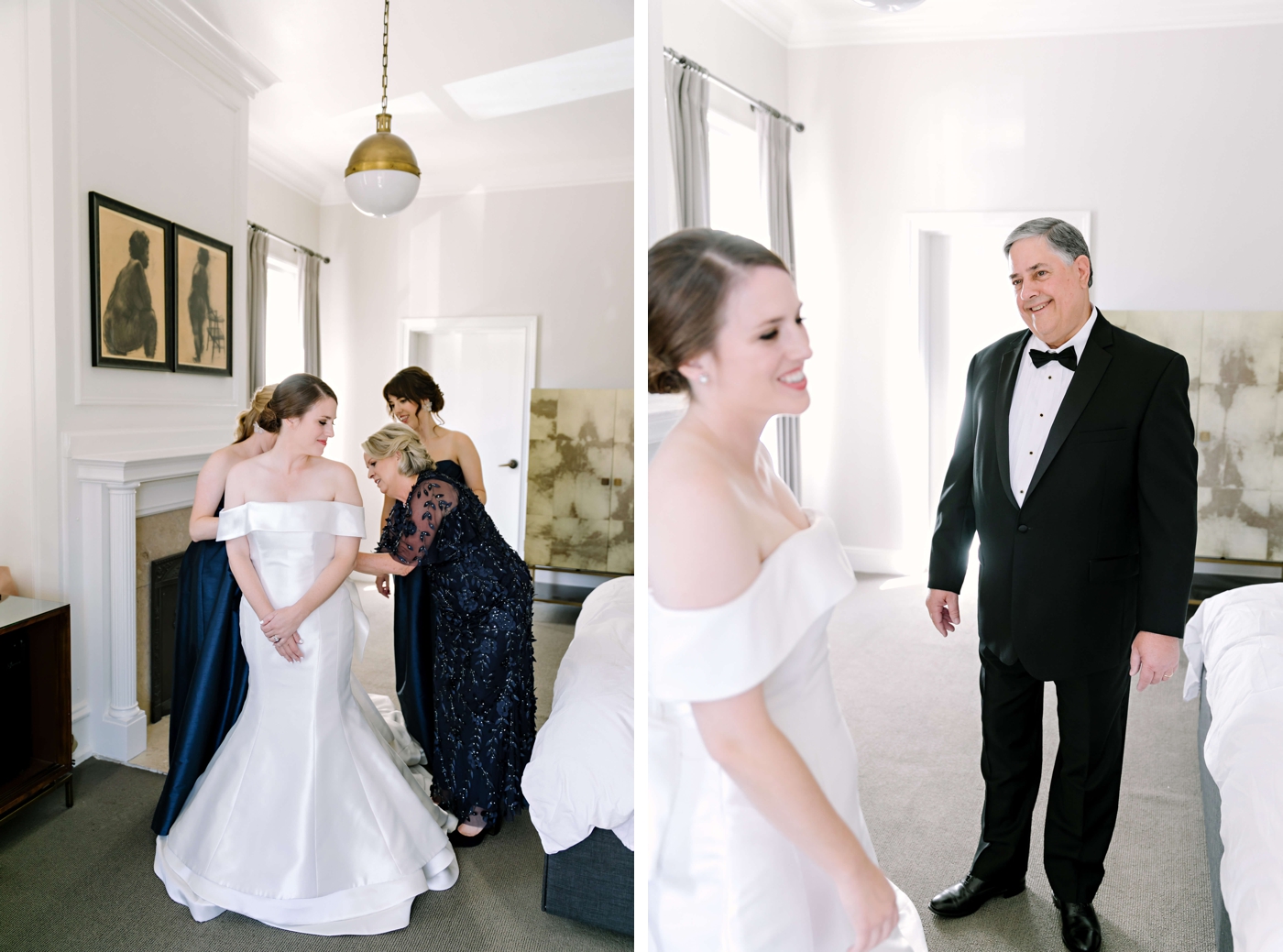 Bride getting ready in a classic satin Sareh Nouri wedding gown