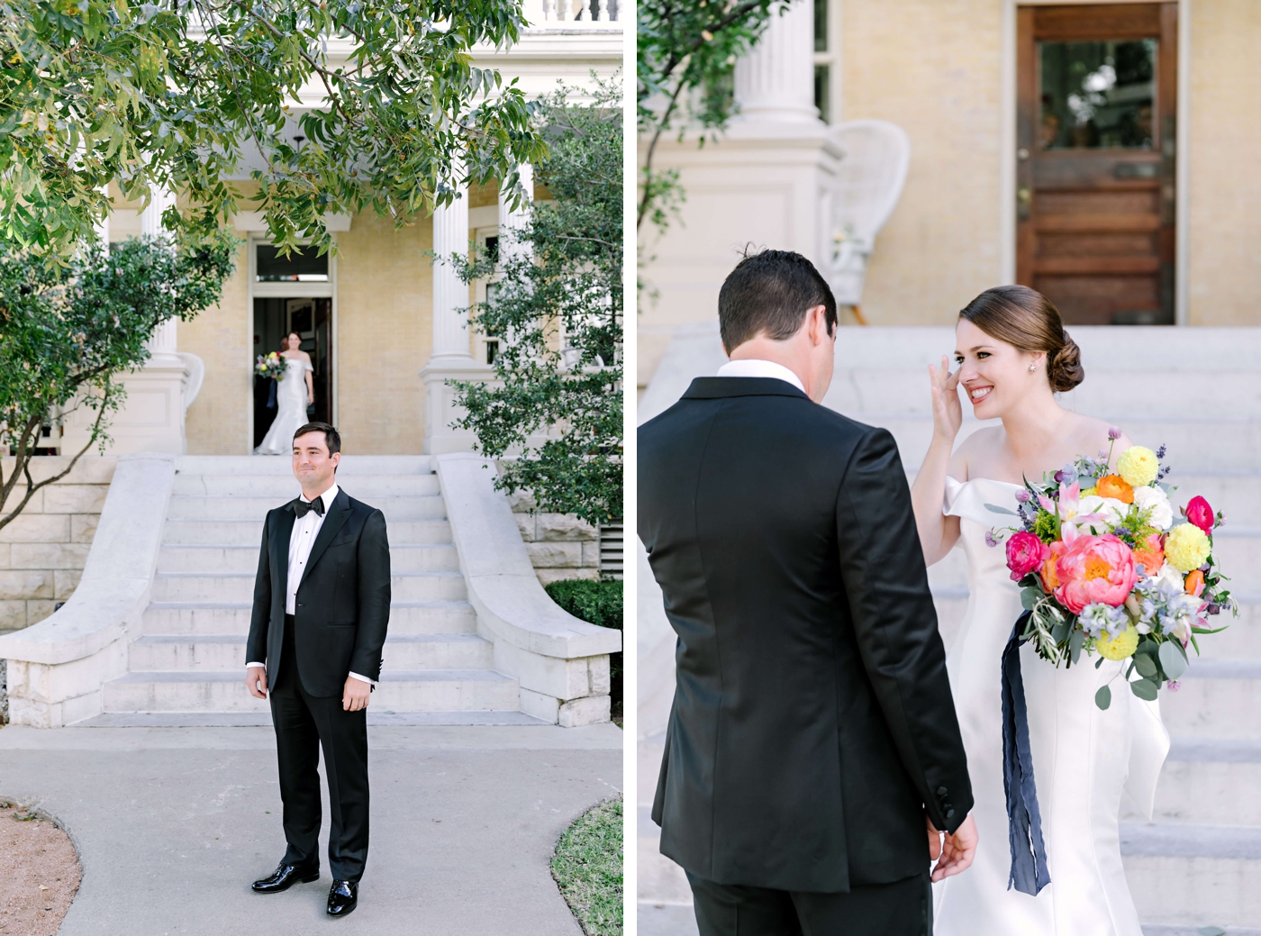 Bride and groom first look at Hotel Ella, in front of the front steps