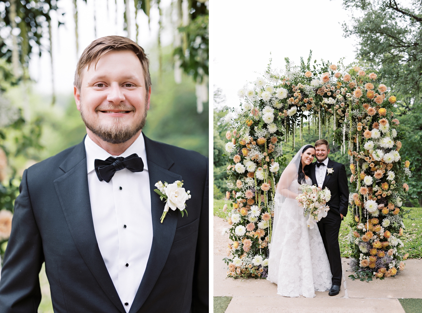 Bride and groom portraits, with the bride in a strapless lace gown by Mira Zwillinger and the groom in a black tuxedo