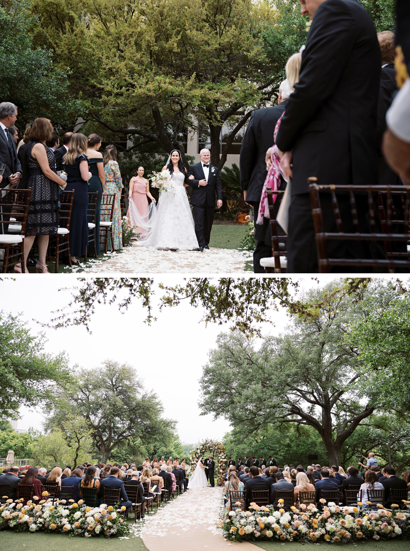 Bride walking down the aisle at the Four Seasons Austin, overlooking Lady Bird Lake