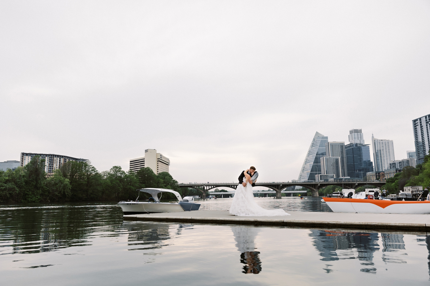 Bride and groom pictures on Lady Bird Lake in Austin