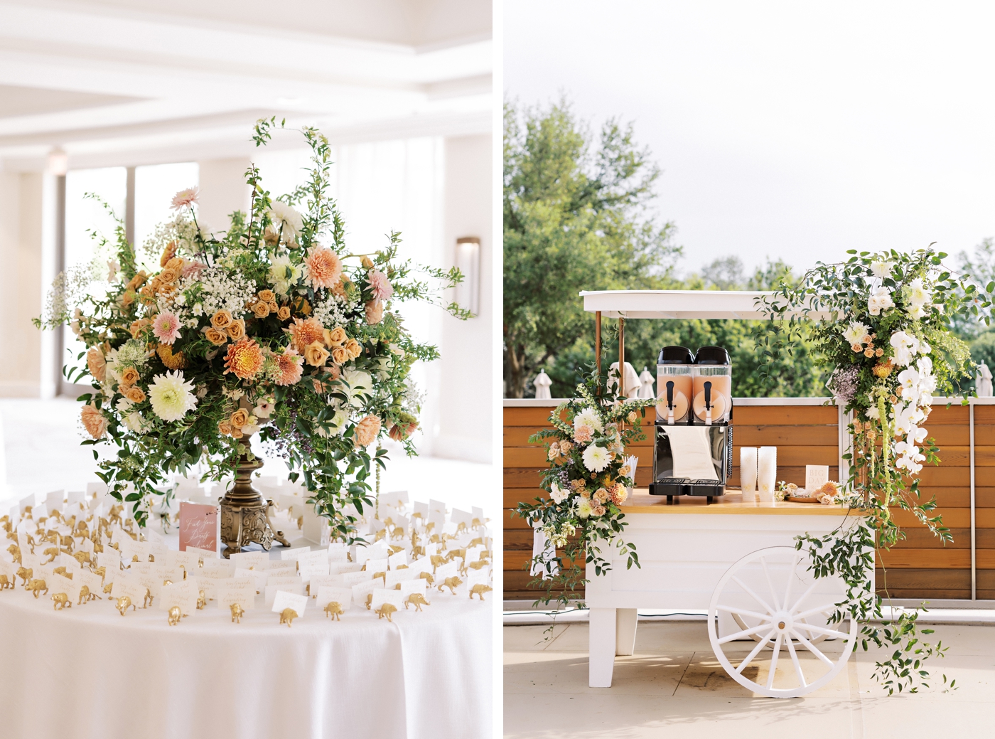 Froze cart covered in flowers, next to an escort card display with large peach floral arrangement at the Four Seasons Austin