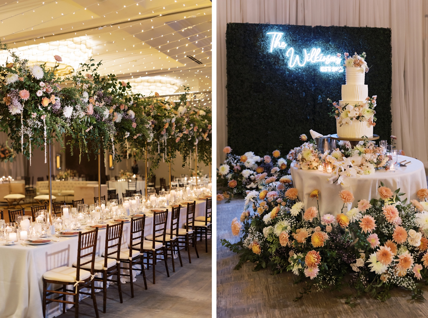 Indoor evening reception at Four Seasons Austin, with peach and blush flowers, planning by Verve Event Planning