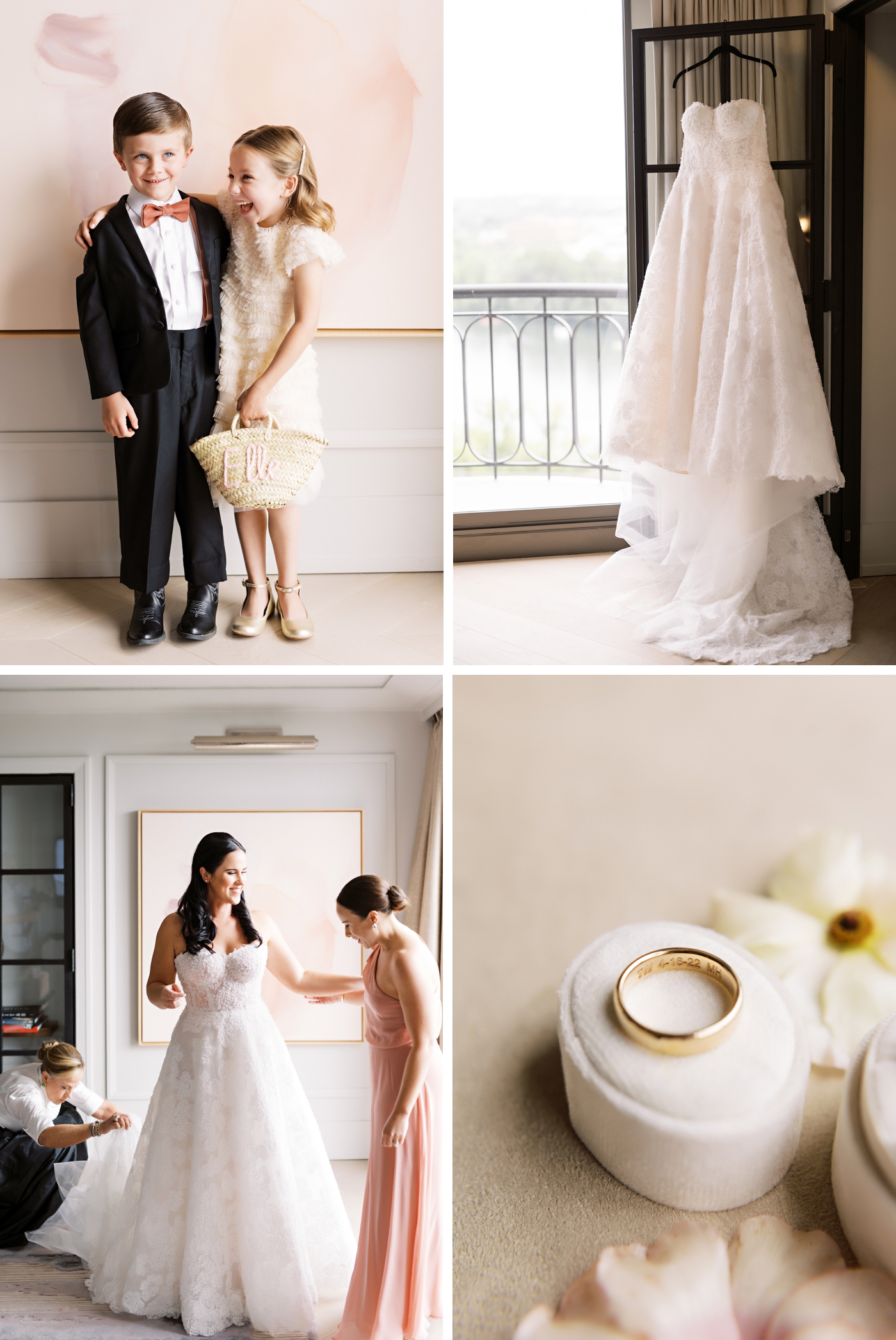 Images of the flower girl and ring bearer, next to a brides Mira Zwillinger hanging in a suite at the Four Seasons Austin