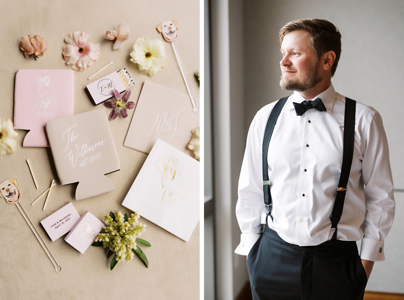 Wedding day paper, with blush and khaki koozies and labrador drink stirrers 