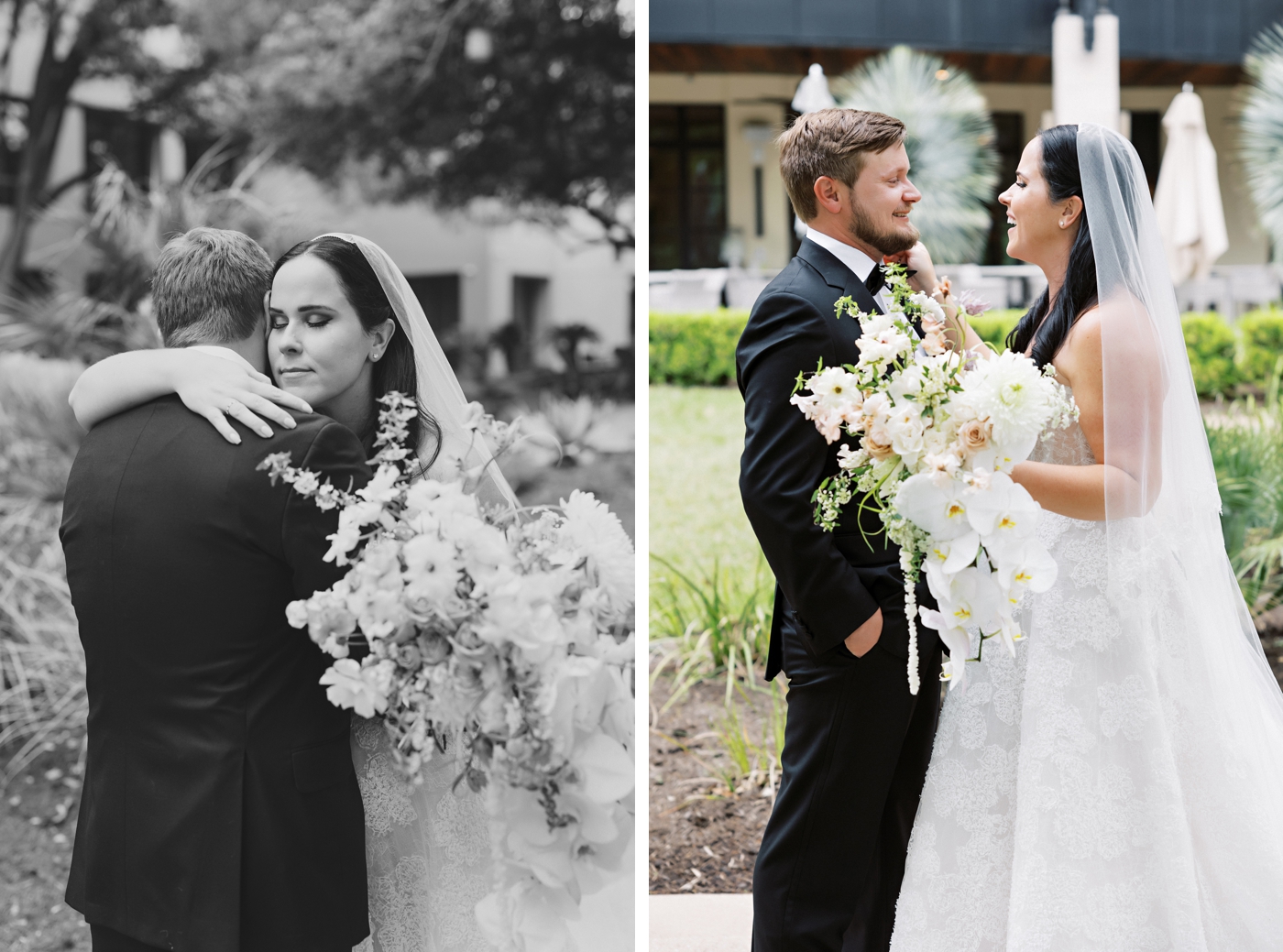 Bride and groom pictures at The Four Seasons Austin, with the bride holding a cascading bouquet with orchids and dahlias by Stems Floral Design