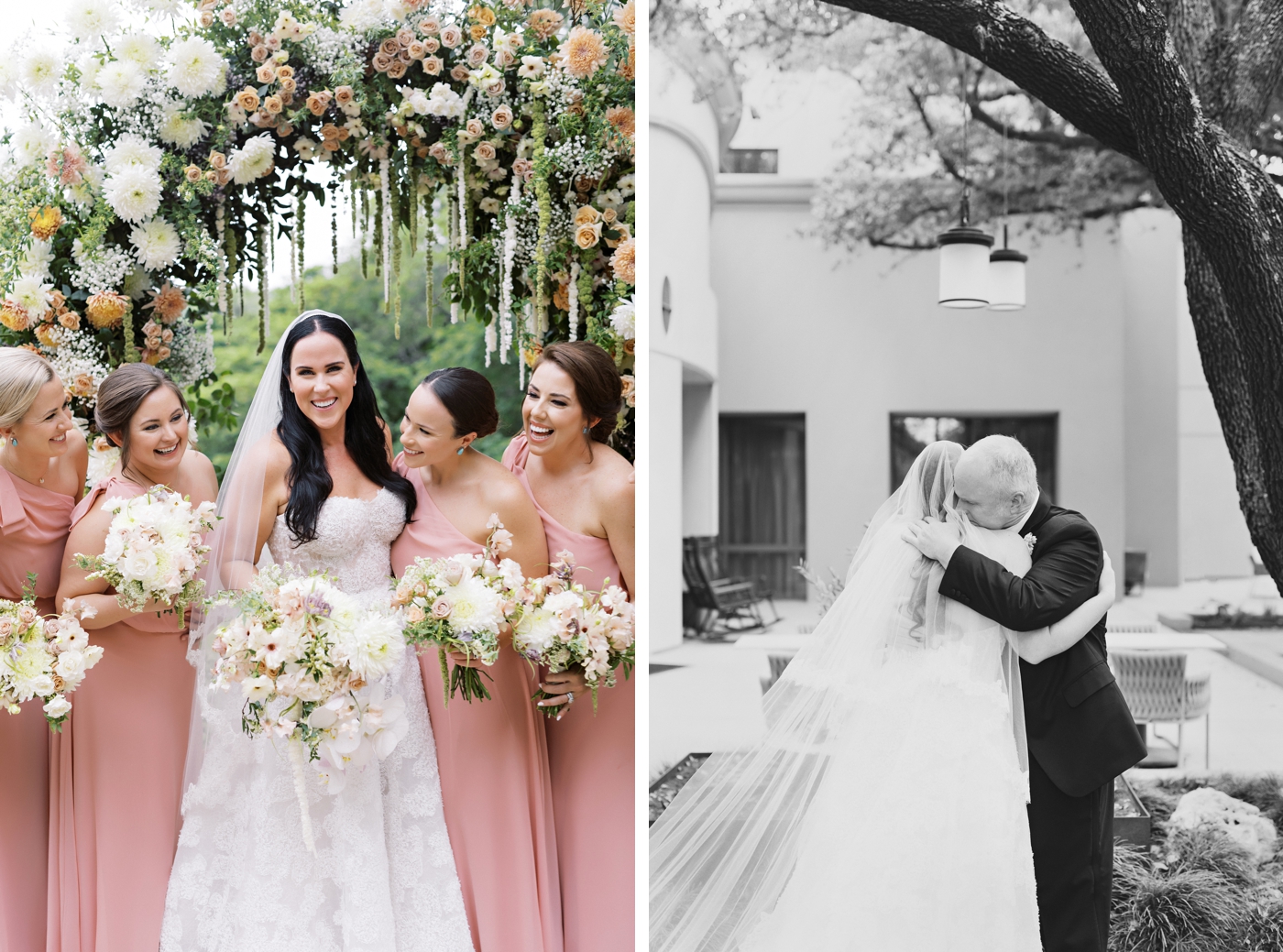 Cascading floral arch with hundreds of roses, mums, and babys breath at Four Seasons Austin