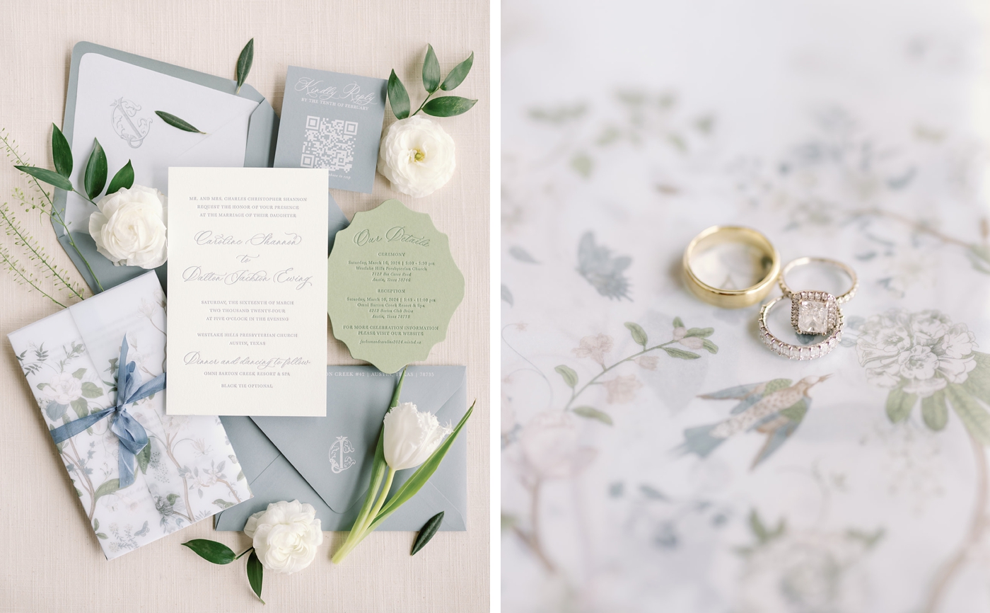 Blue and green wedding invitations with scalloped edges by Bryker Design Co.