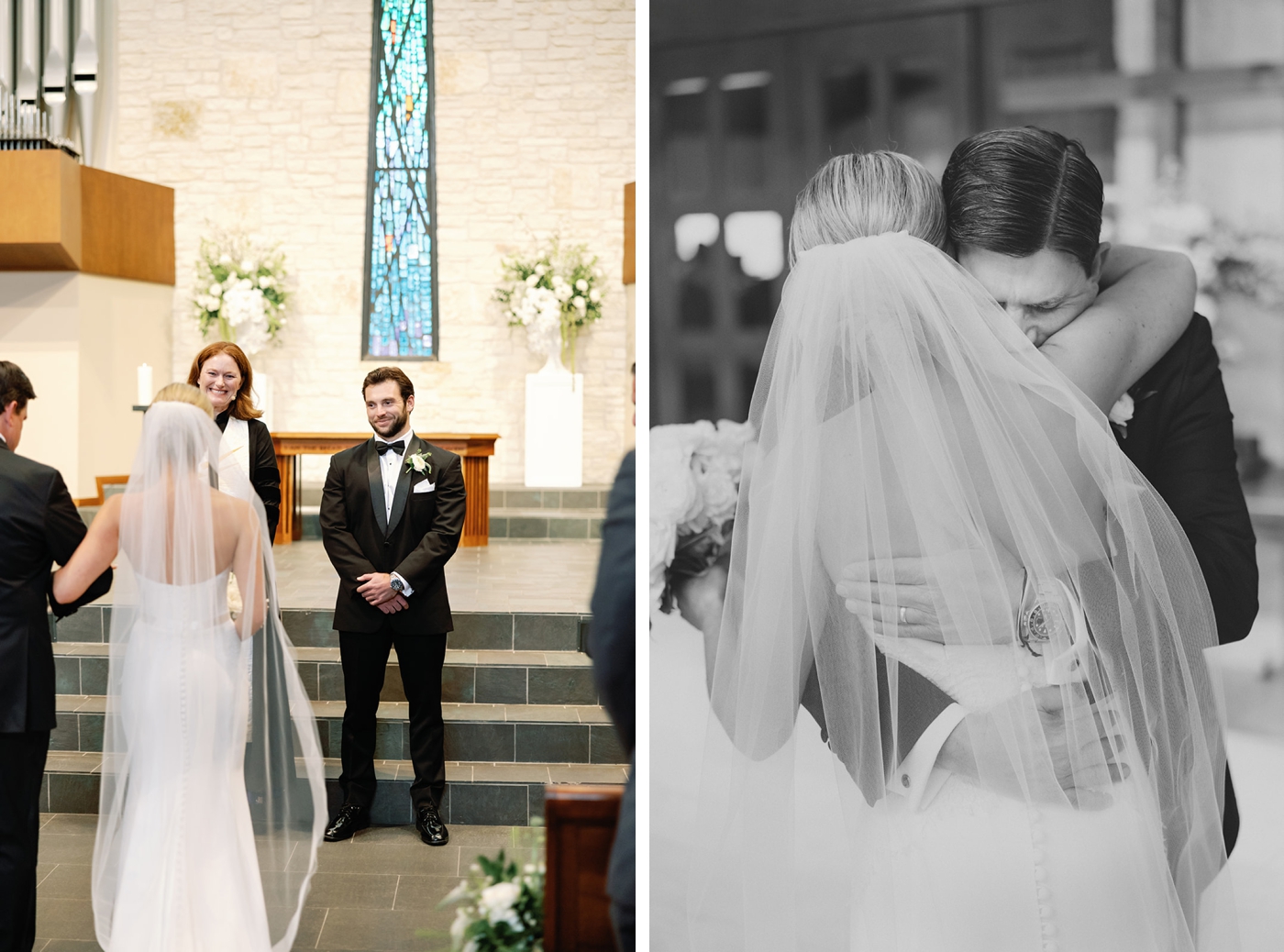 Bride walking down the aisle at Westlake Hills Presbyterian Church for her wedding ceremony