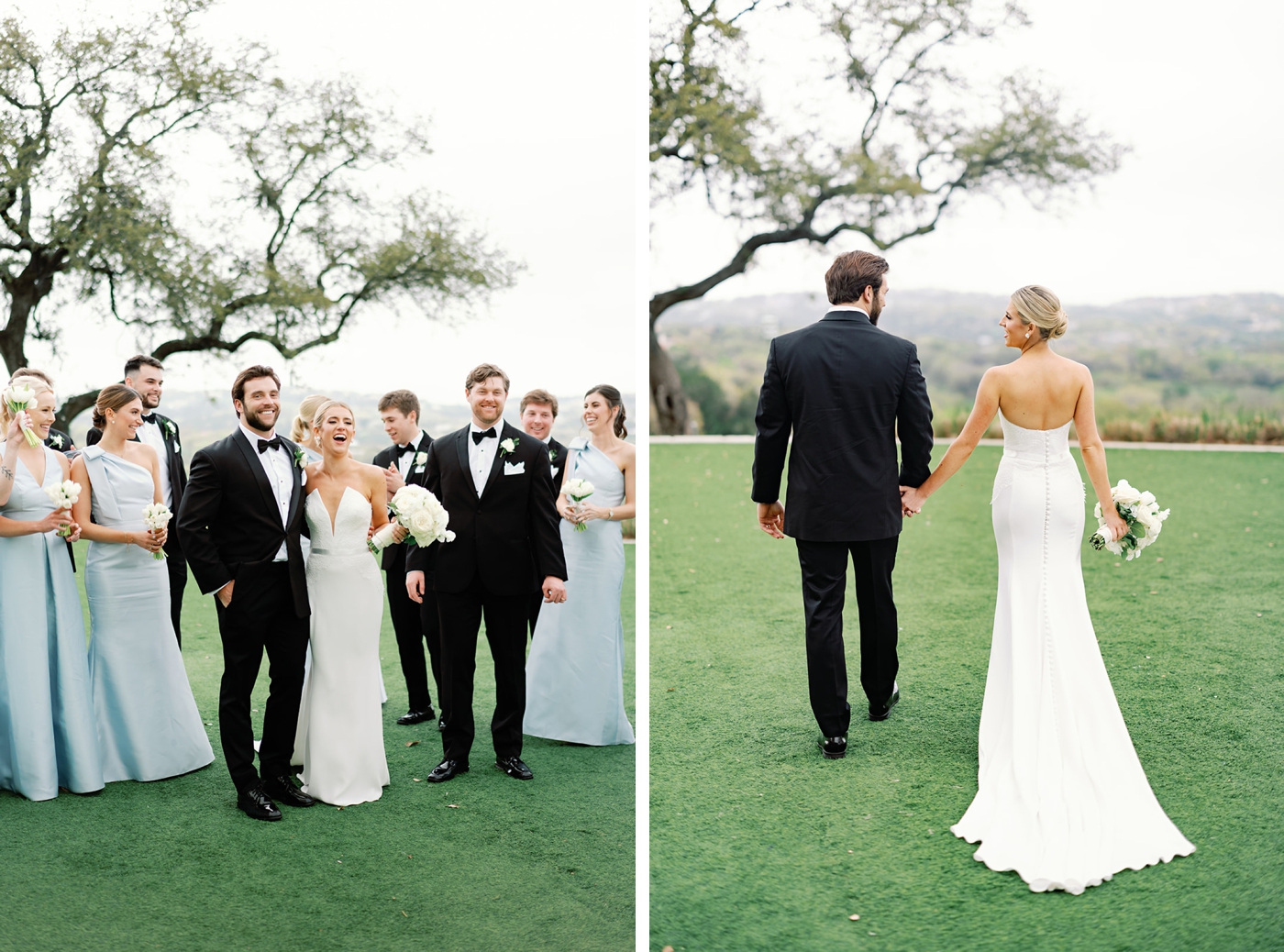 Bride and groom holding hands on the lawn at Omni Barton Creek for pictures