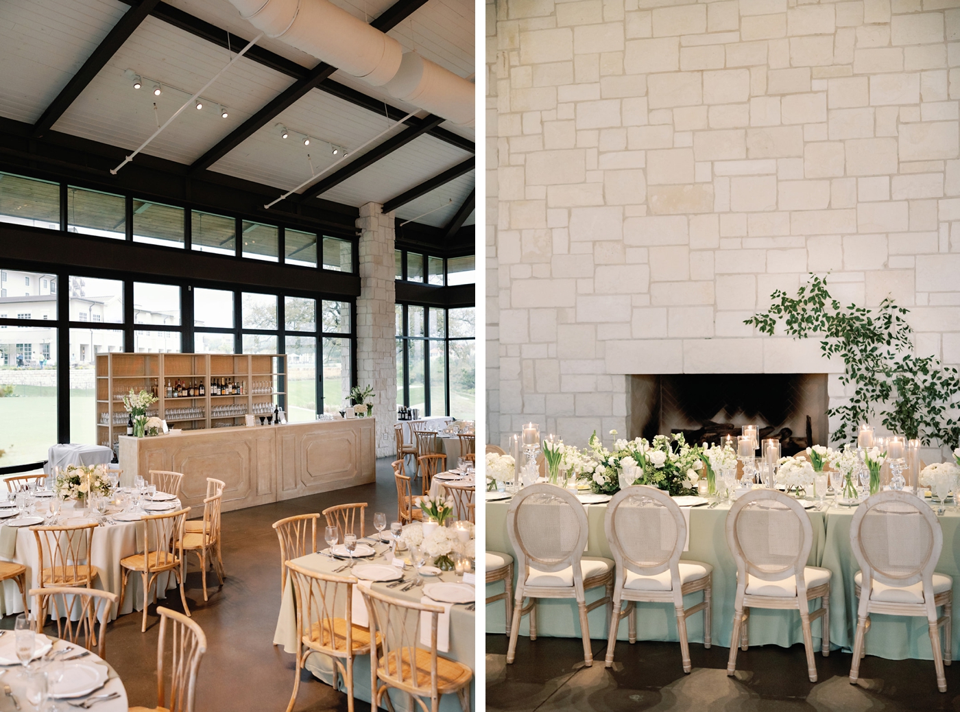 Wedding reception at Omni Barton Creek at the Hill Country Pavillion, with classic white and green flowers, fruitwood chairs