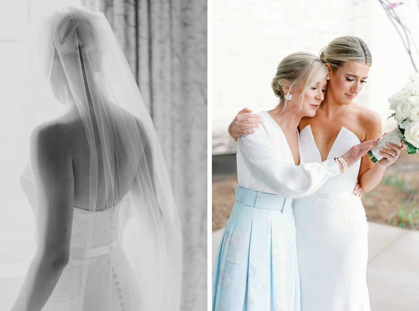 Bride in a long veil, hugging her mother