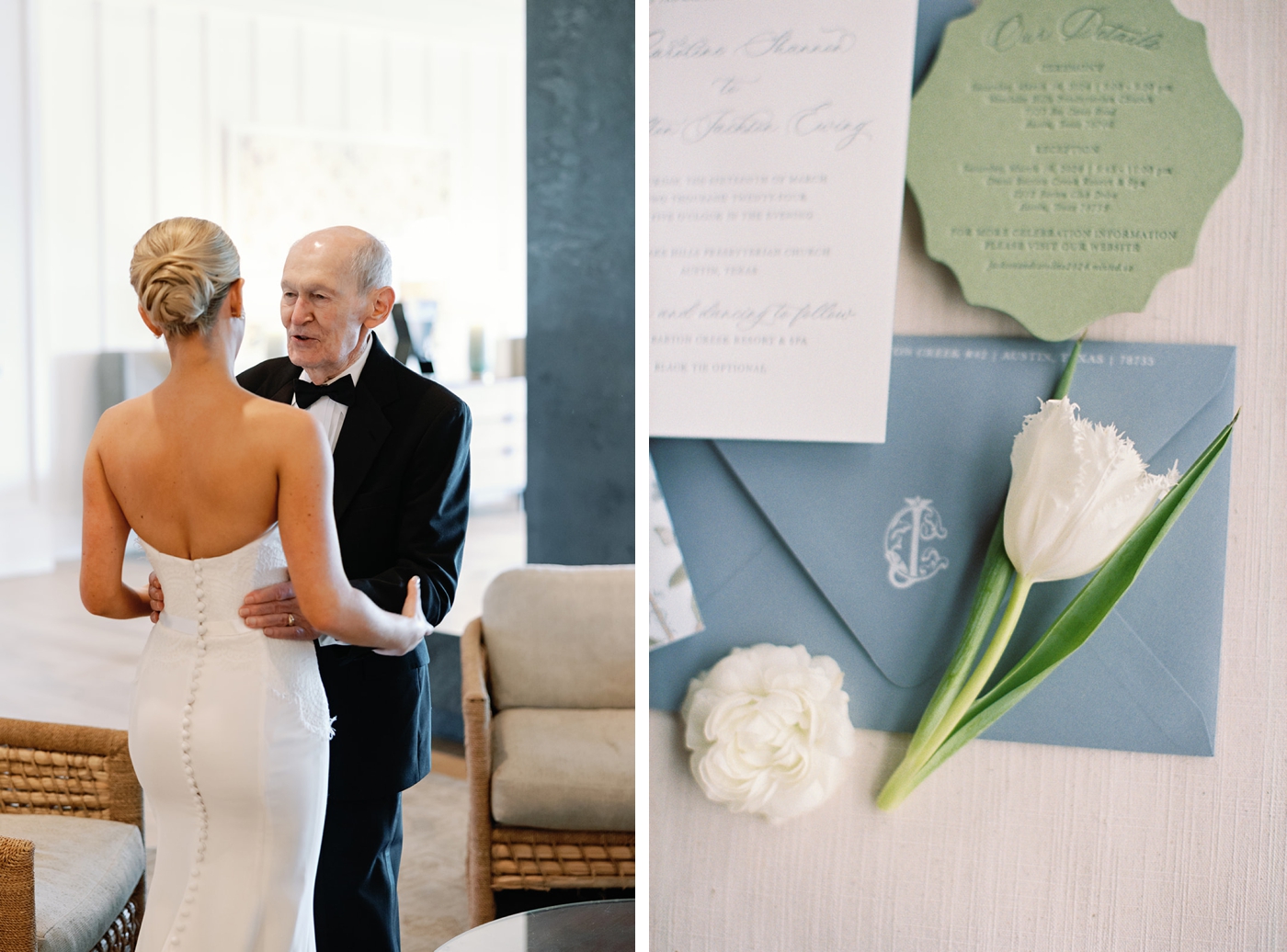 Bride seeing her grandfather for the first time before her wedding in Austin, Texas