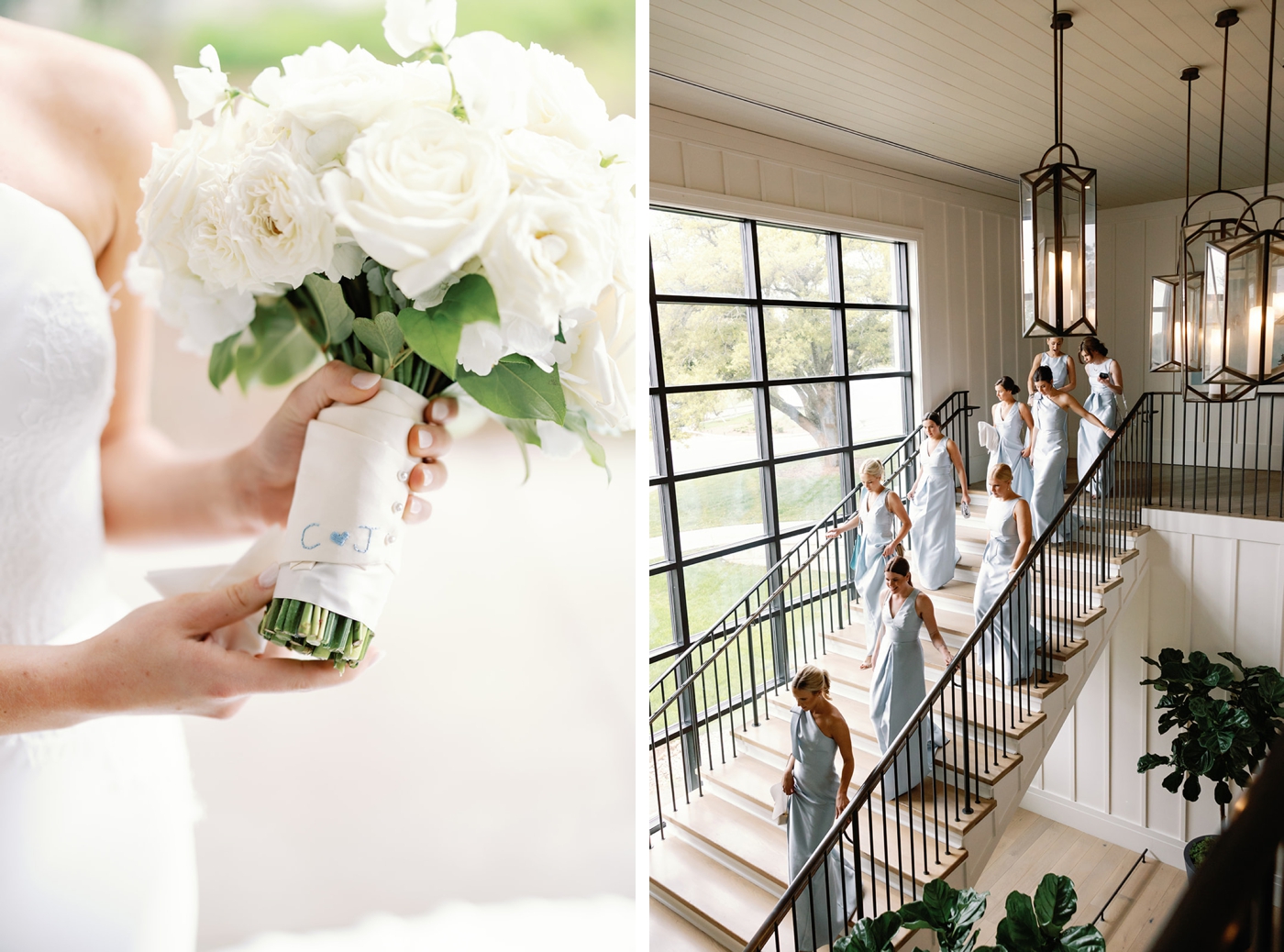 Details of an all white bridal bouquet with monogrammed wrap