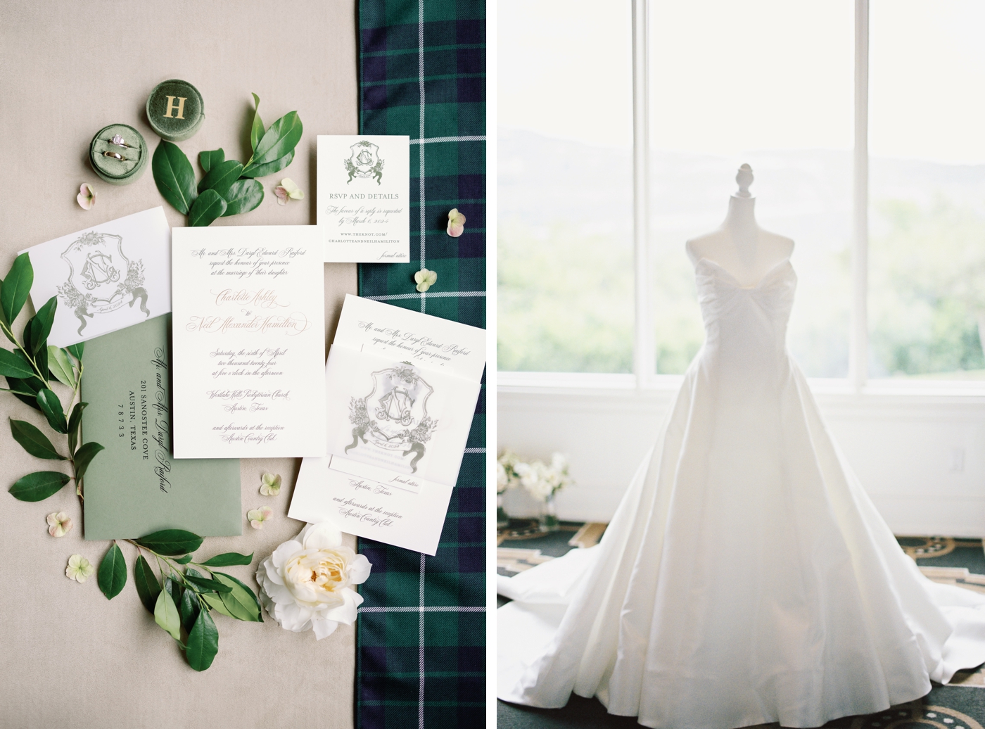 Classic white and green wedding invitations with a monogram and Scottish Tartan