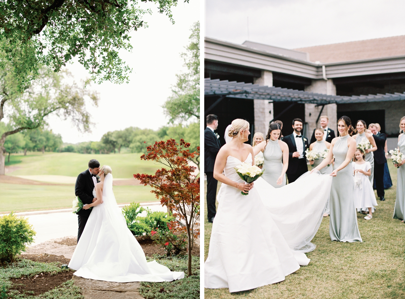 Bride and groom holding hands at the Austin Country Club