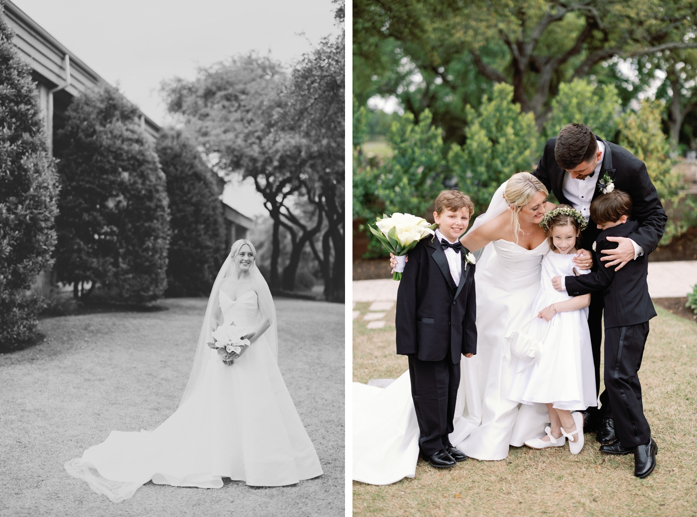 Bride and groom pictures at Austin Country Club, with their wedding party behind them