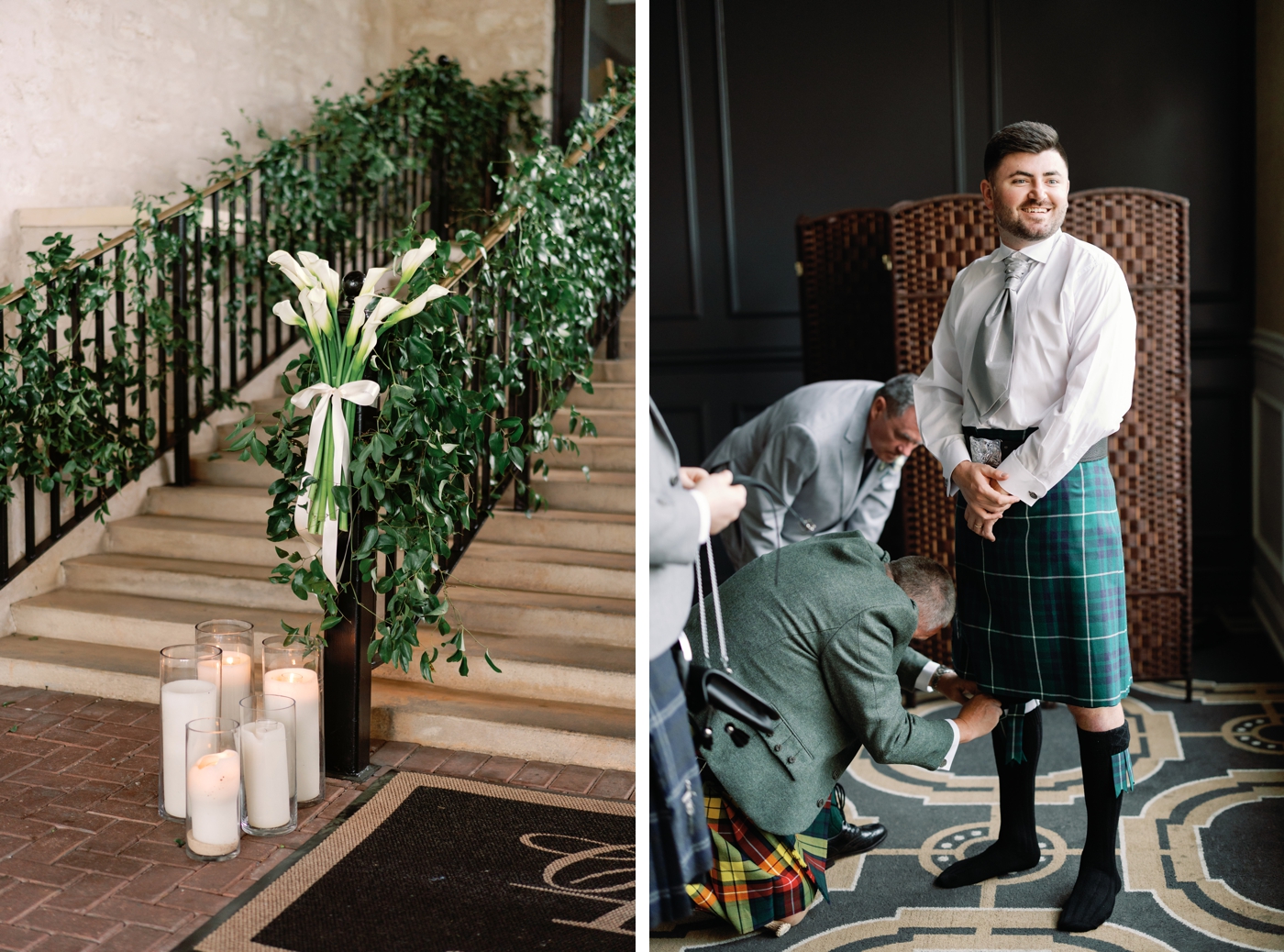 Groom putting on his Tartan before his wedding reception in Austin