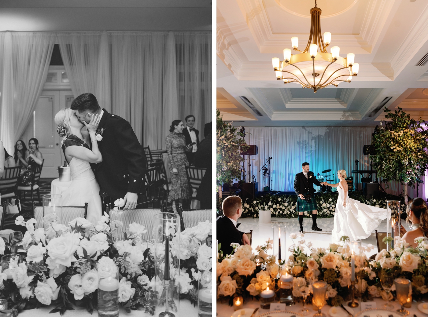 Wedding reception indoors at Austin Country Club, with round and long tables covered in candlelight