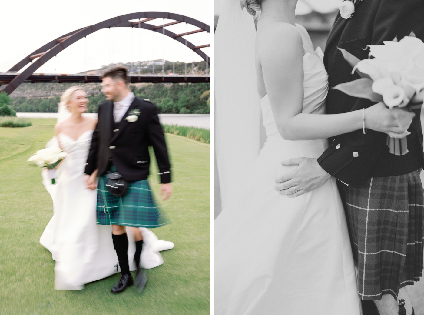 Closeup of a bride and groom holding hands while walking on the grounds overlooking Lady Bird Lake