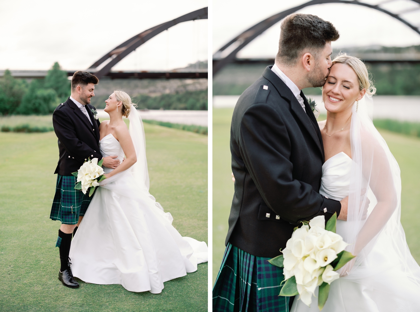 Bride and groom holding hands for wedding day pictures at the Austin Country Club, overlooking Lady Bird Lake