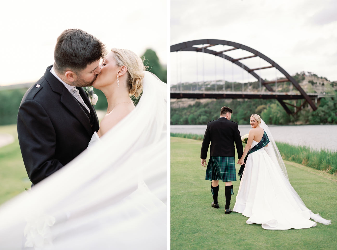 Bride and groom holding hands for wedding day pictures at the Austin Country Club, overlooking Lady Bird Lake