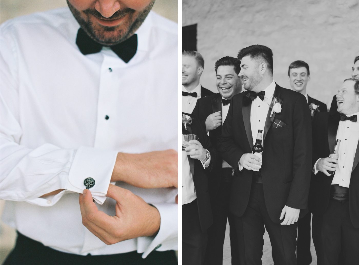 Groom and groomsmen getting ready before a wedding in Austin, wearing black suits