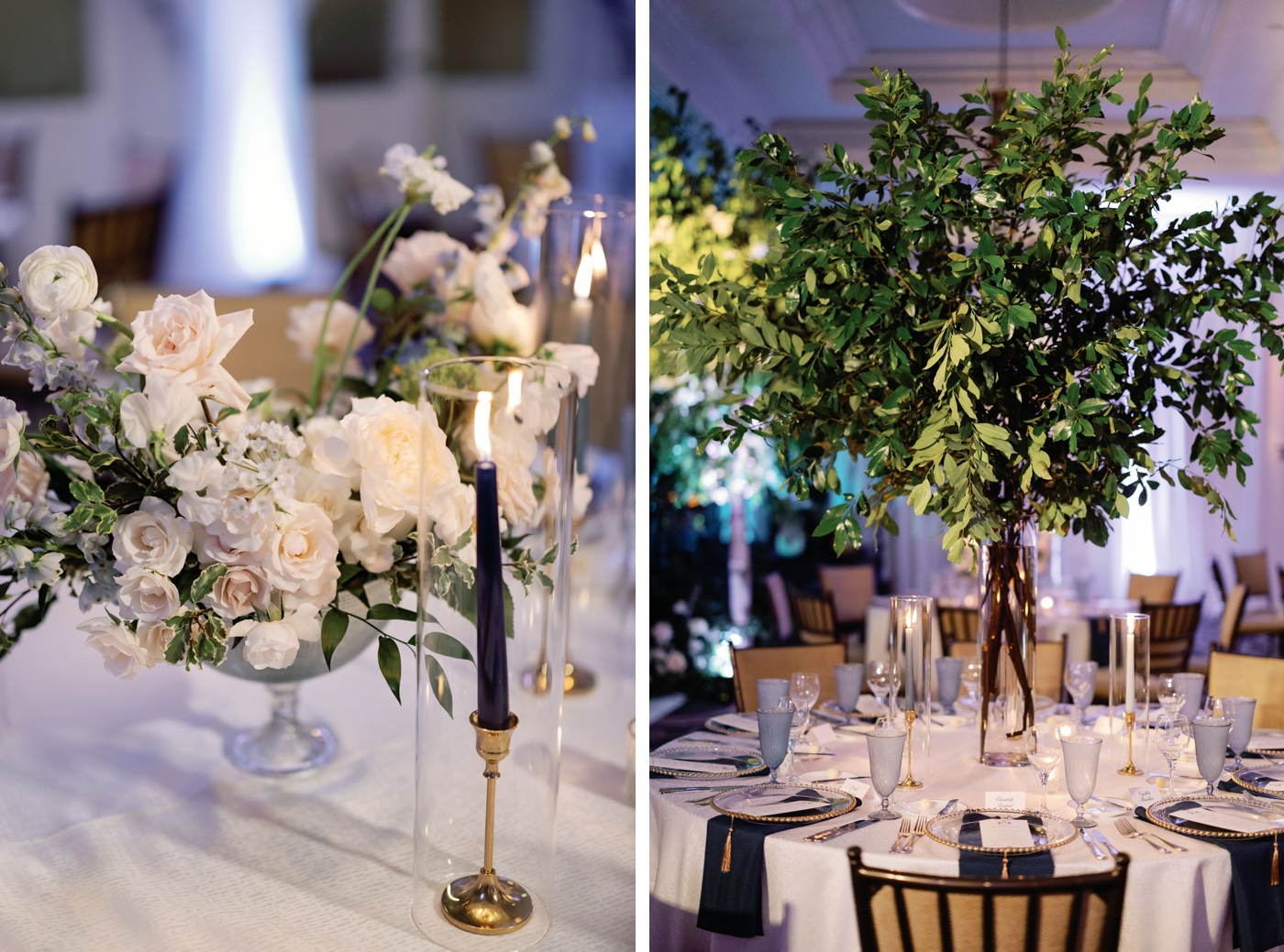 Navy tapered candles with all white flowers and trees indoors at a wedding at Austin Country Club