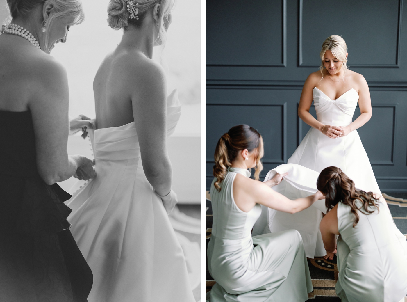 Bride getting ready at the Austin Country Club, with portraits indoors, wearing a strapless ballgown