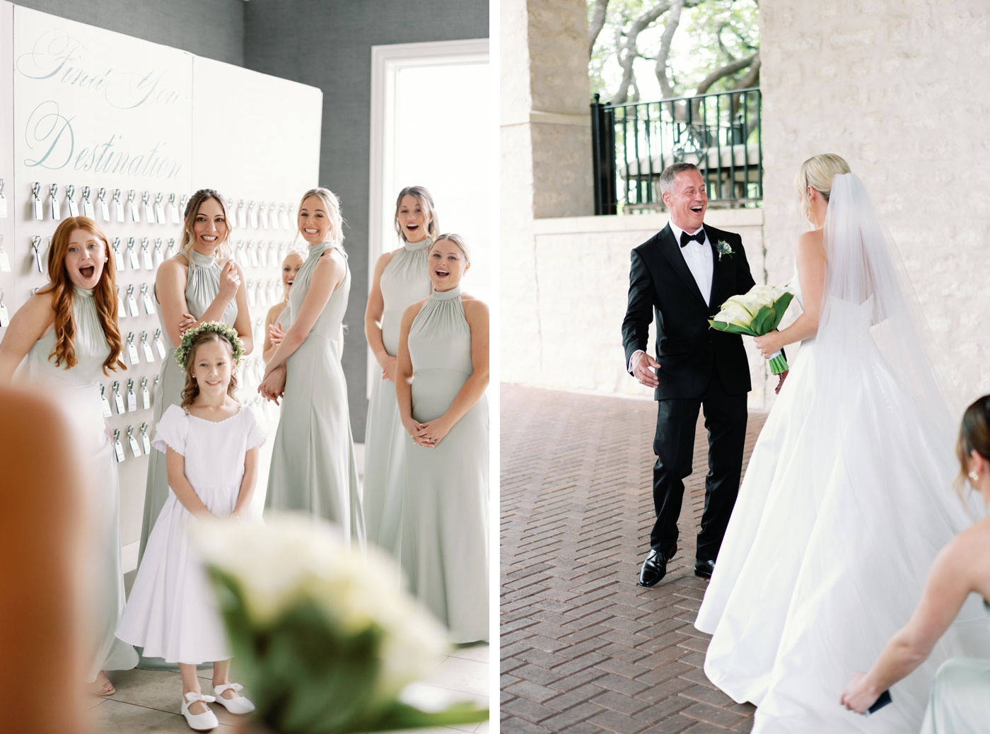 Wedding party and father daughter first look outside of Austin Country Club 