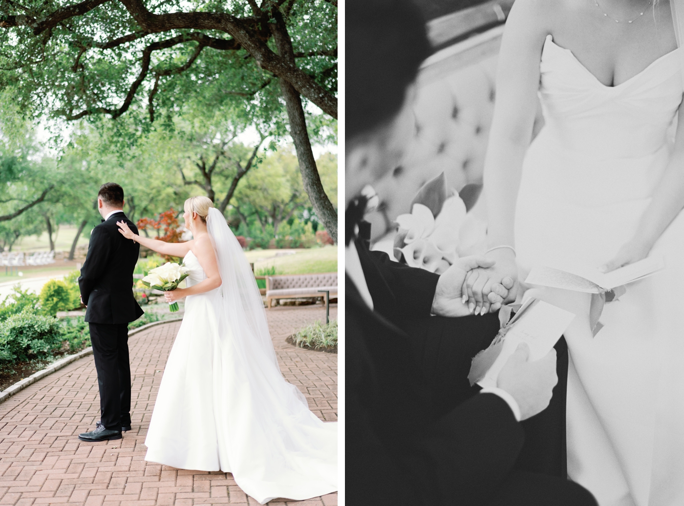 Bride and groom sharing a first look, and sitting together reading their vows