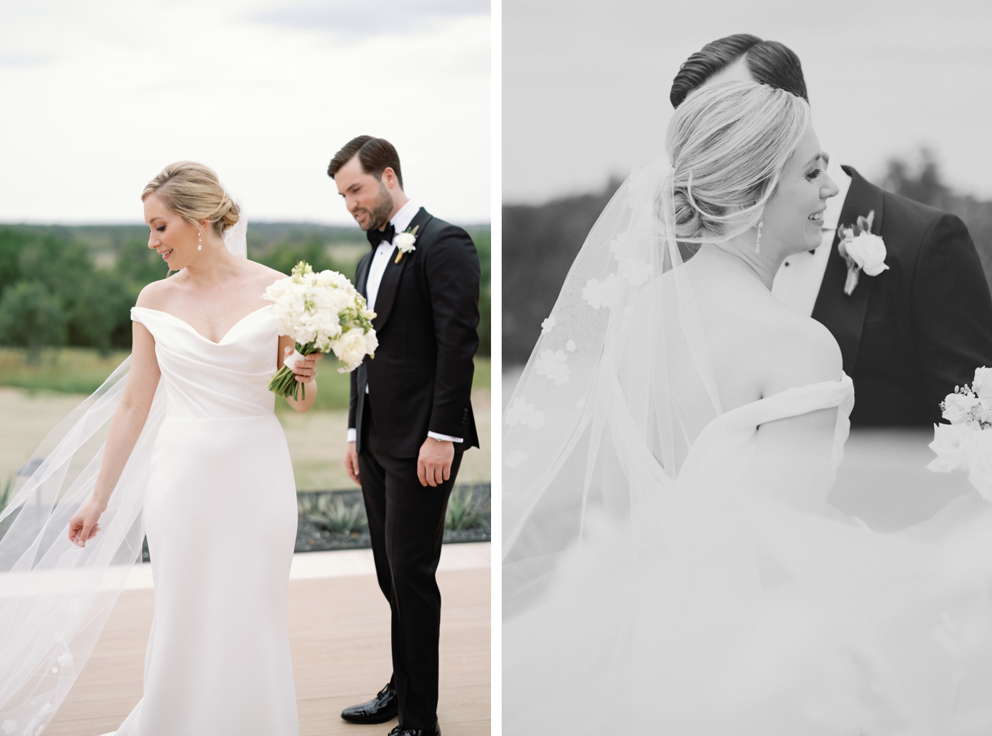 Bride and groom portraits in Hill Country Texas, with the bride in a satin off the shoulder gown by Romona Keveza 