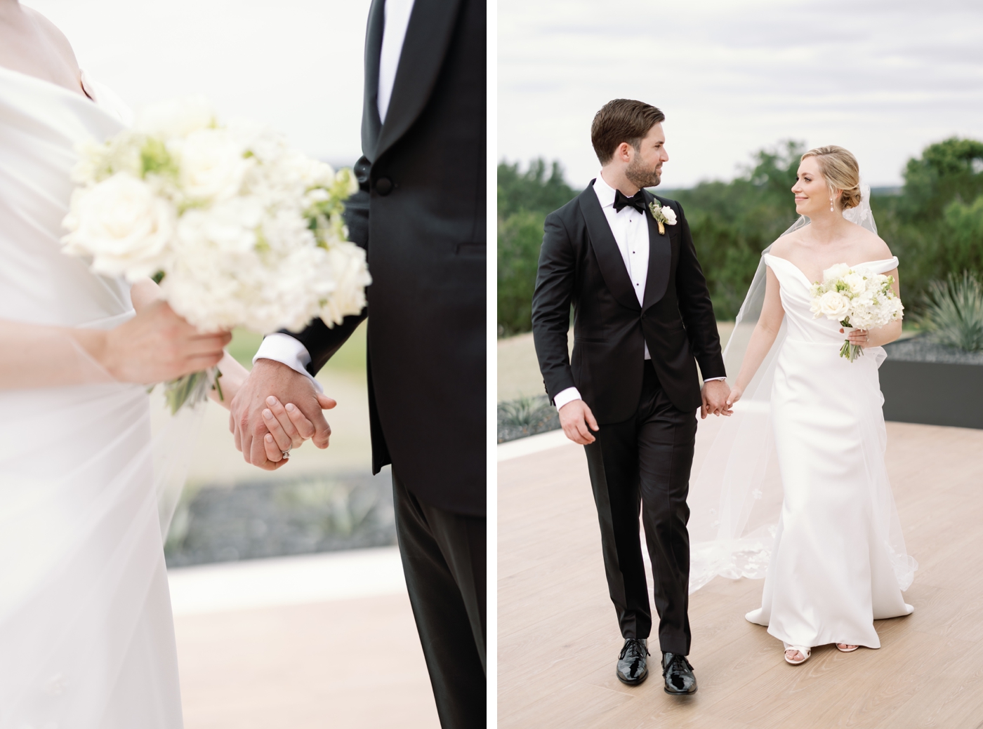 Bride and groom portraits in Hill Country Texas, with the bride in a satin off the shoulder gown by Romona Keveza 