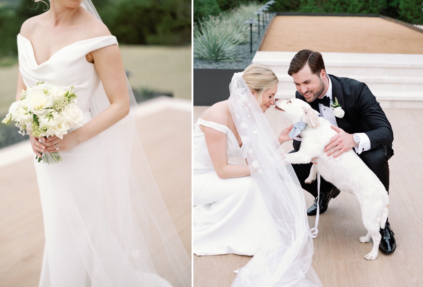 Bride and groom with their dog for their wedding day pictures