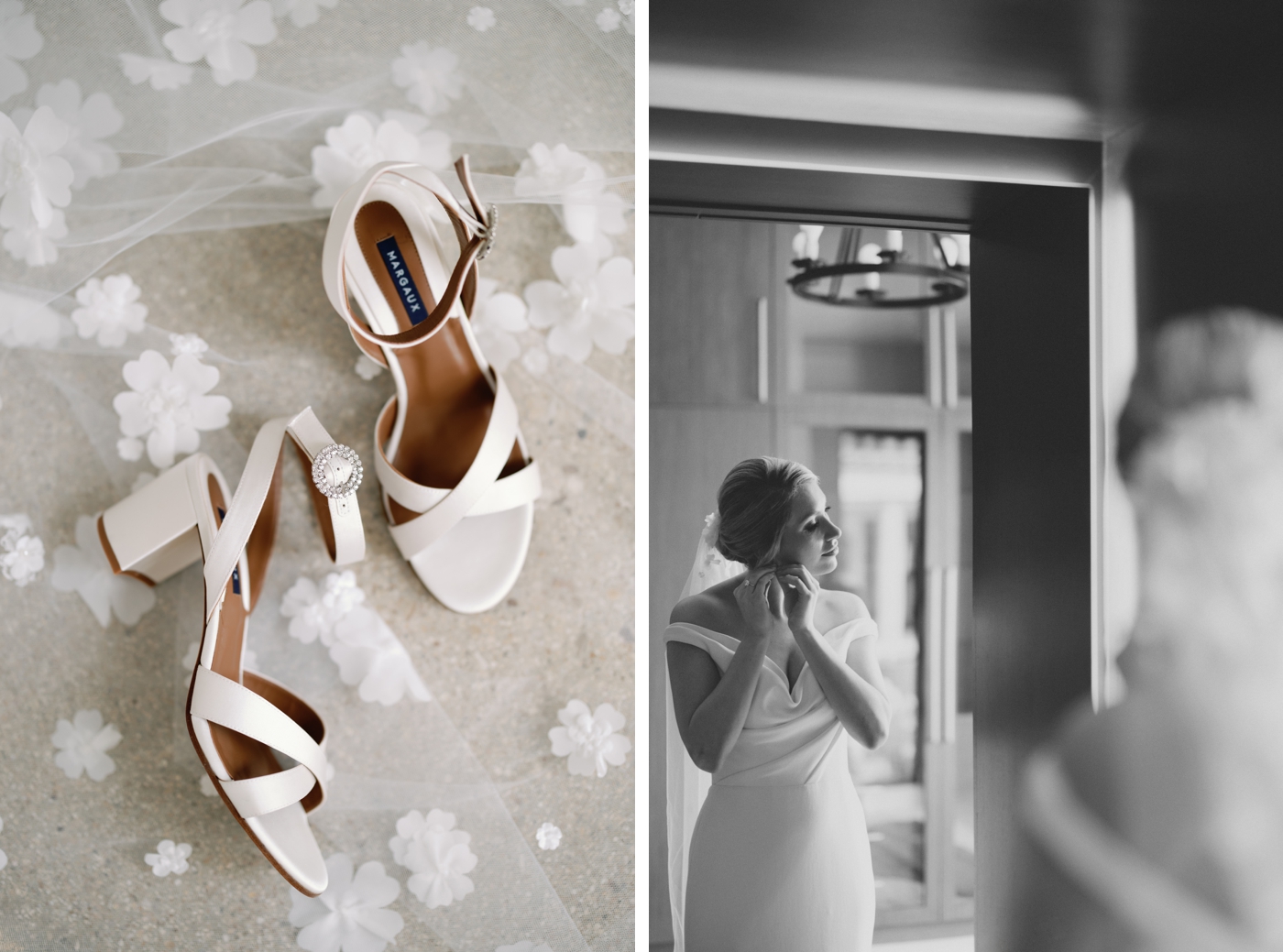 Bride in the Romona Keveza - RK2203 gown next to a pair of white heels