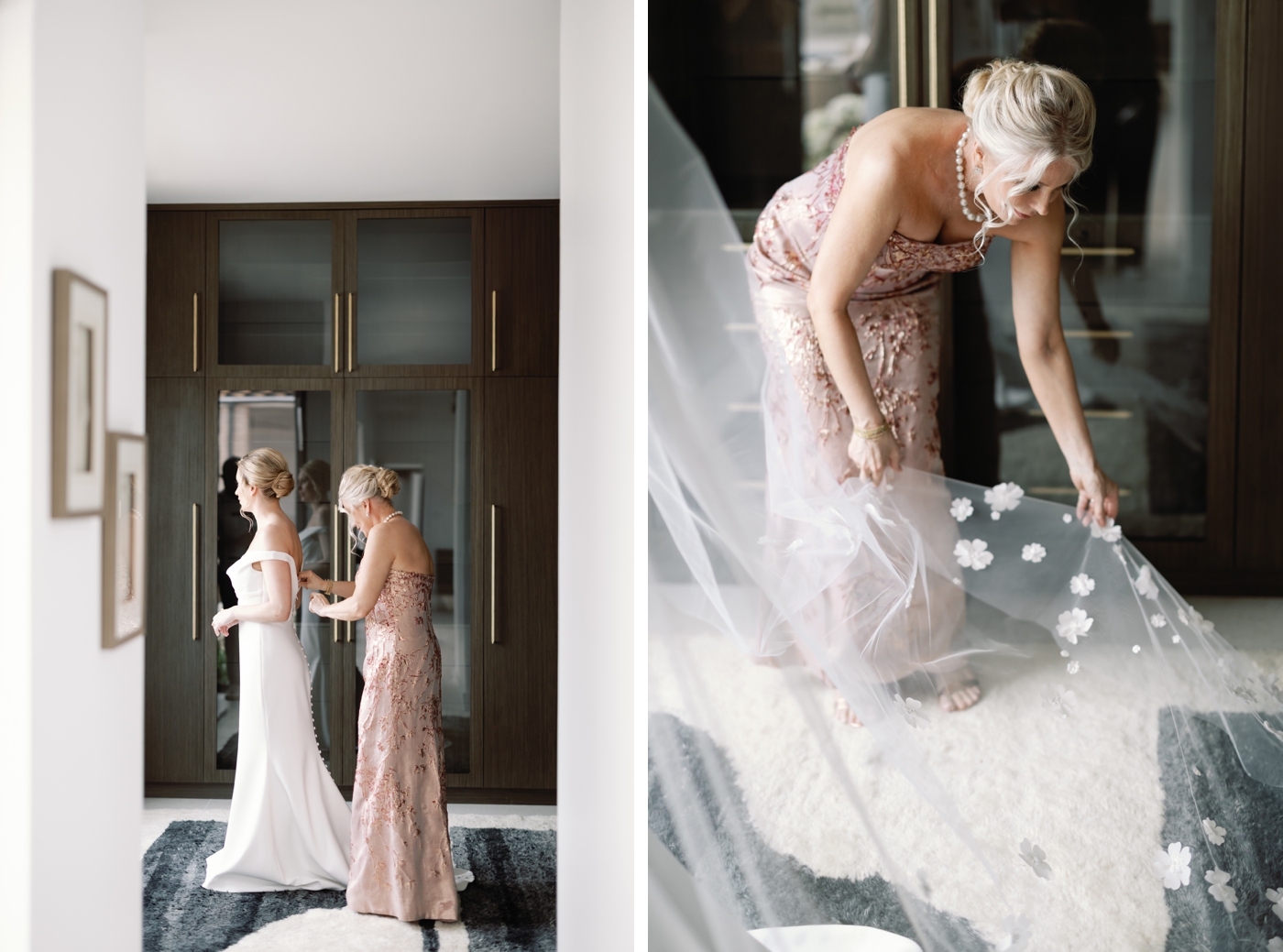 Mother putting on a brides veil, which is covered in embroidered flowers