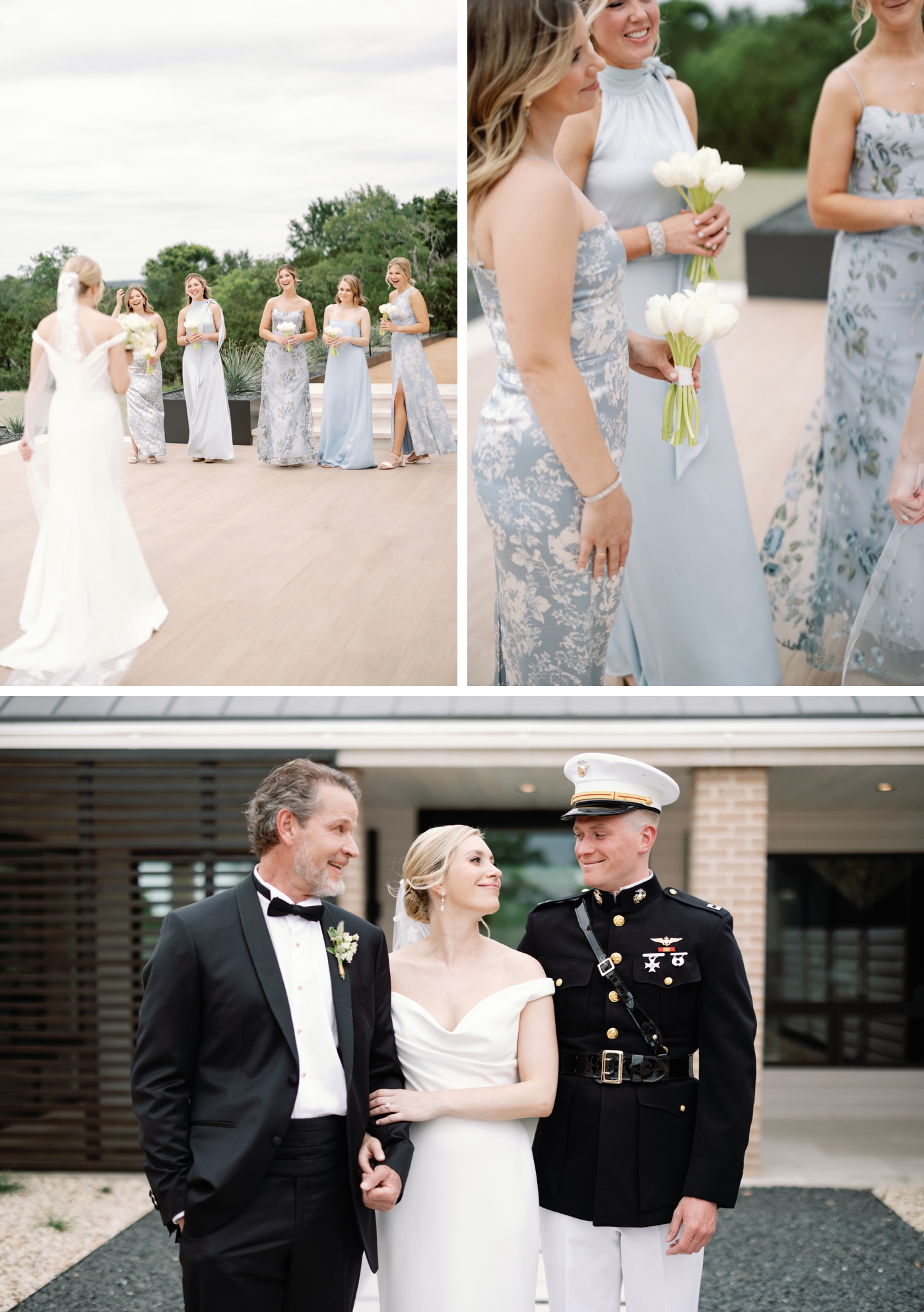 Bride and bridesmaids first look, with the bridesmaids in dusty blue floral satin dresses from Jenny Yoo