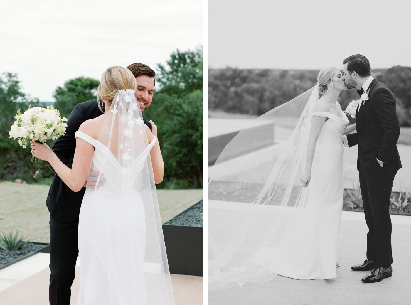 Bride and groom first look at a home in Fredericksburg Texas, overlooking the Hill Country