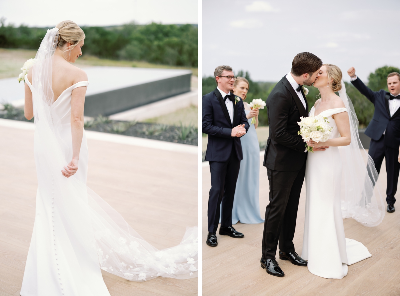 Bride and groom first look at a home in Fredericksburg Texas, overlooking the Hill Country