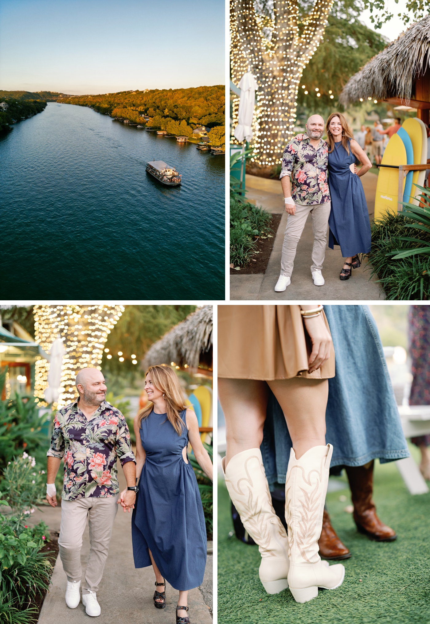 Rehearsal dinner at Ski Shores Cafe in Austin, with guests arriving on a River Boat