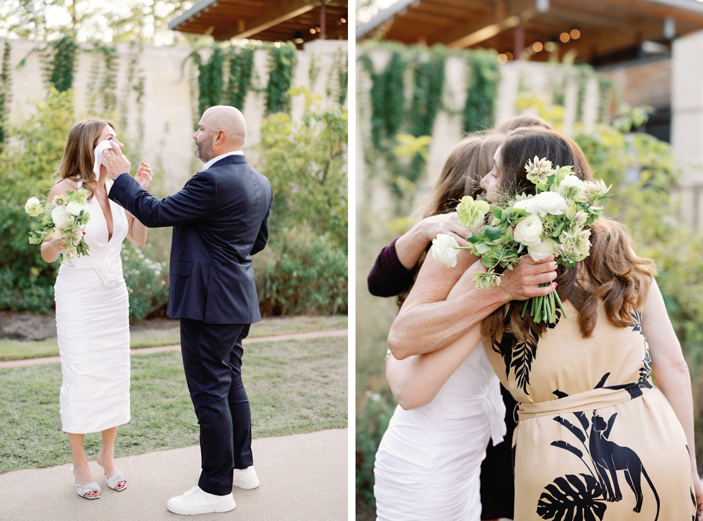 Bride and groom after their wedding ceremony in Austin, with the groom drying off her tears