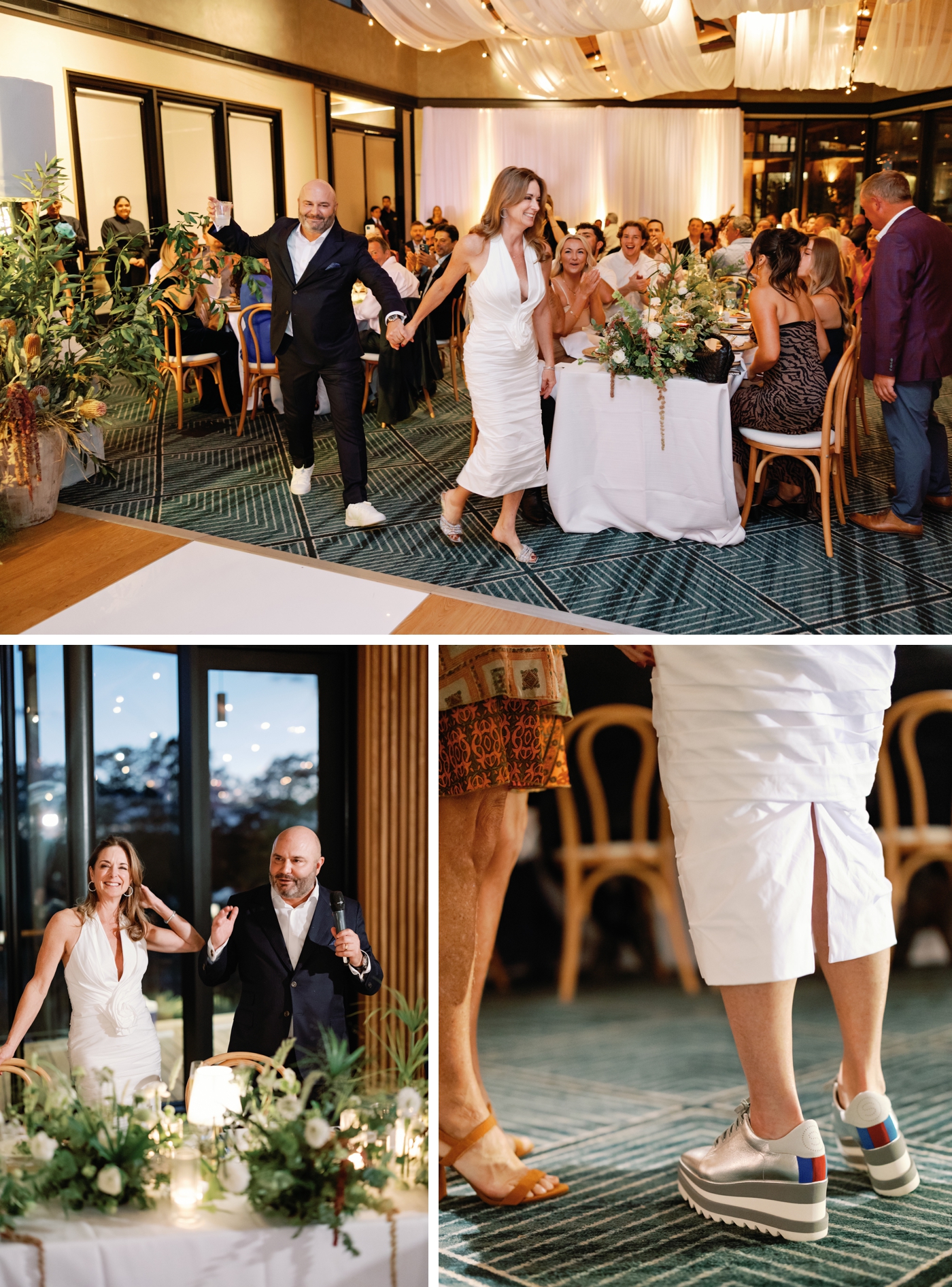 Wedding reception at Holdsworth Center with draping on the ceiling, cafe lights, and white and green organic flowers