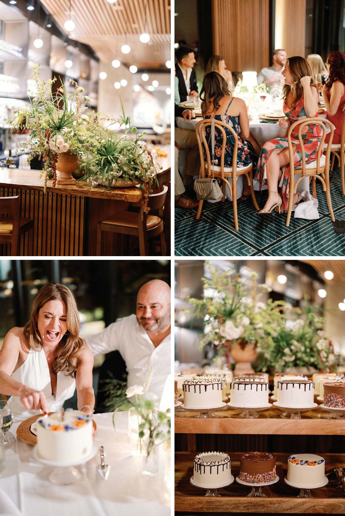 Wedding reception at Holdsworth Center with draping on the ceiling, cafe lights, and white and green organic flowers