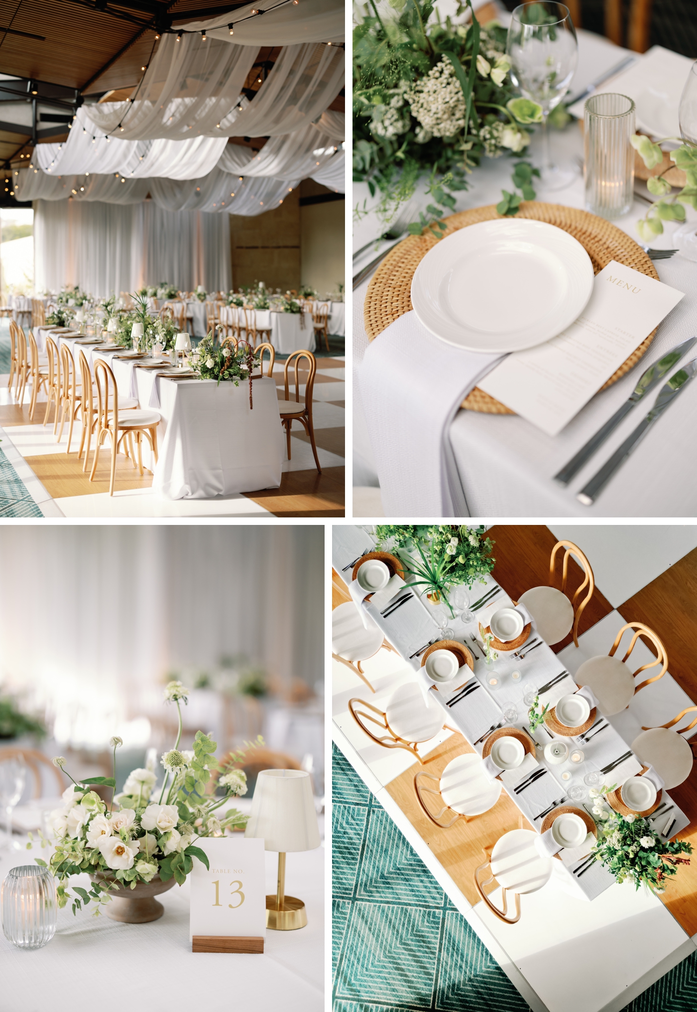 Wedding reception at Holdsworth Center with draping on the ceiling, cafe lights, and white and green organic flowers