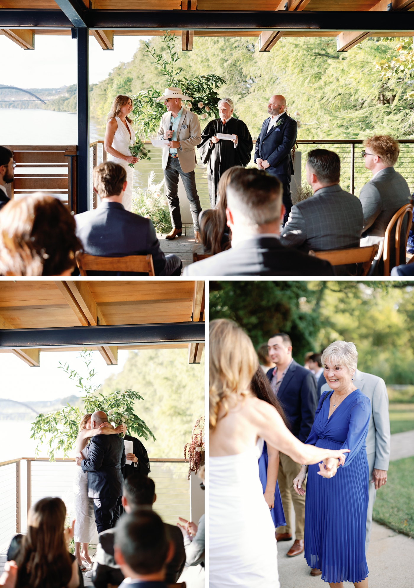 Wedding ceremony at Holdsworth Center on the dock overlooking Lake Austin